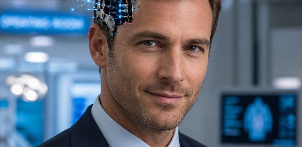 Image is showing a businessman in a medical setting, smirking into the camera with a partially exposed robotic skull.