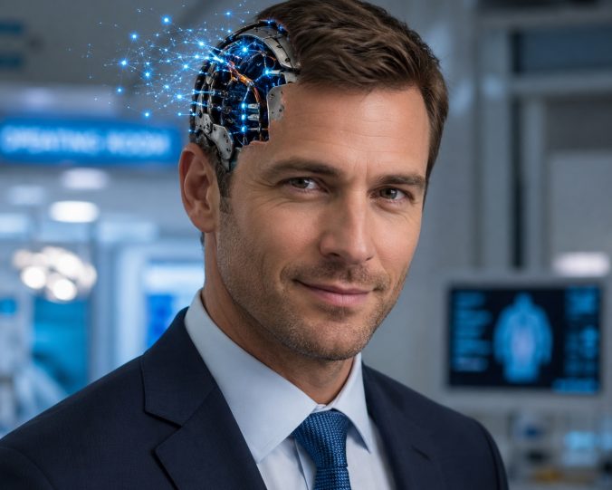 Image is showing a businessman in a medical setting, smirking into the camera with a partially exposed robotic skull.